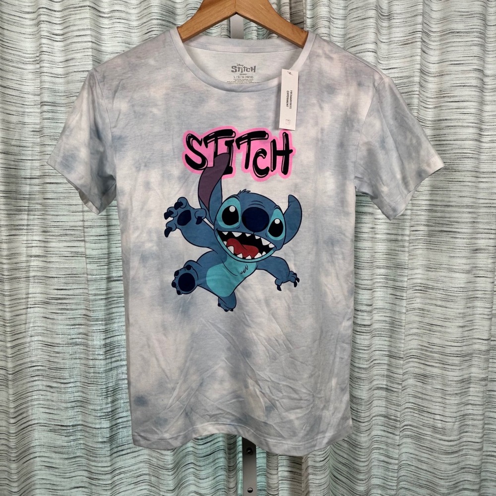 Disney Stitch T-Shirt Blue Tie Dye‎ Girls Size L 10/12 Graphic Crew Neck NEW